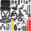 Black GoPro accessories set with chest strap, helmet mount, and tripod for action cameras