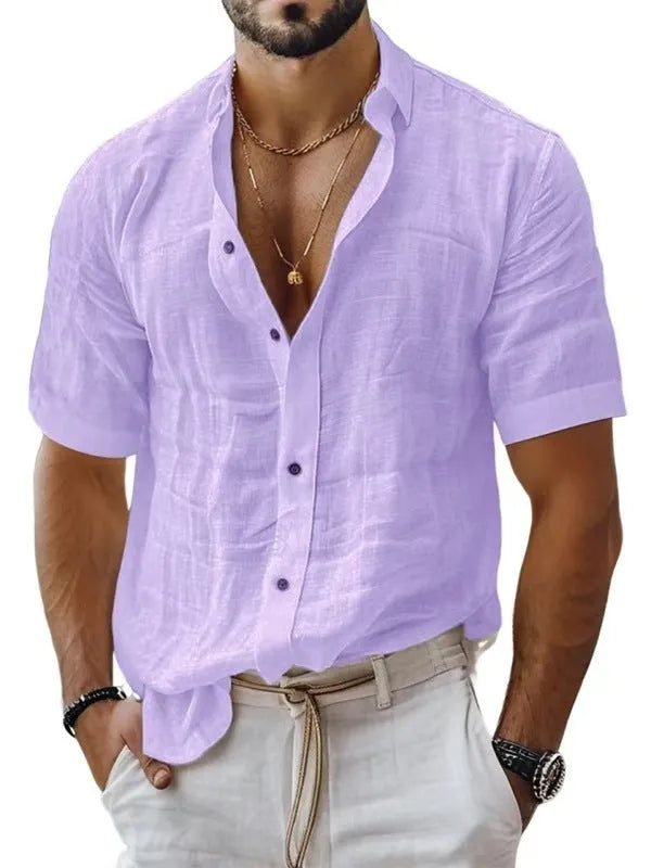 Men's solid colour short sleeve lapel shirt in a cotton linen blend fabric on a hanger.