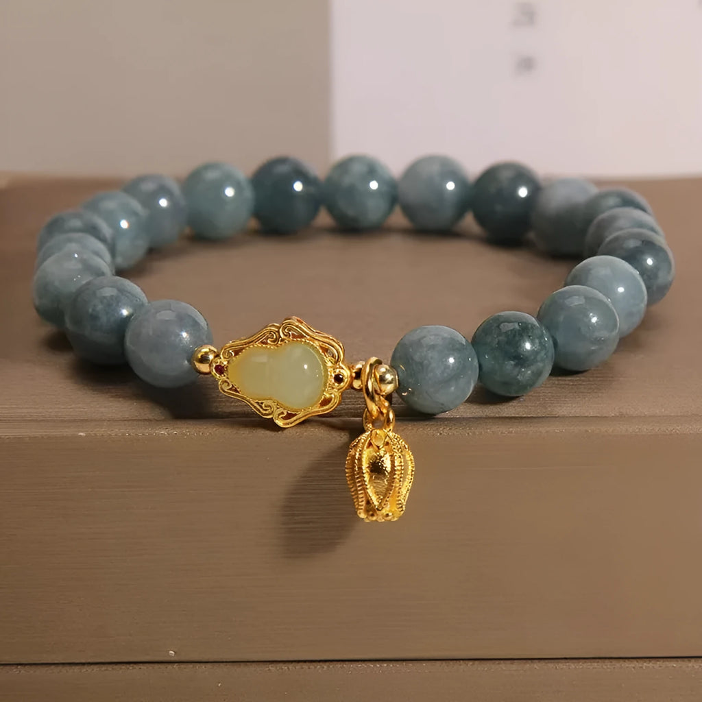 Sky blue natural stone bracelet for women with a gourd lotus pendant and flower-shaped beads