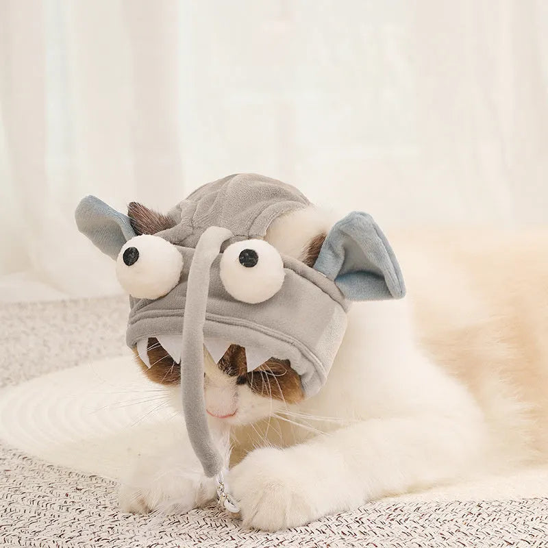Grey feather head teaser cat stick toy with big eyes, adjustable neckband, shown on a cat.