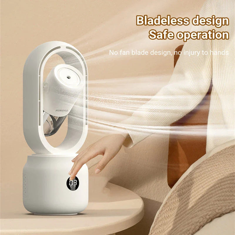 Portable bladeless fan with integrated humidifier, providing a refreshing mist and cooling breeze for indoor and outdoor use