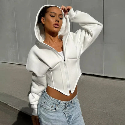 Y2K inspired women's zipper hoodie cardigan in grey and white with long sleeves