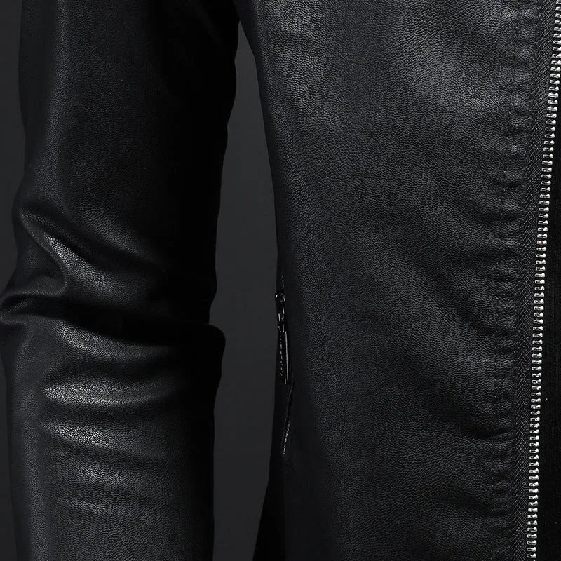 Men's black leather motorcycle jacket with stand collar and zipper front on display
