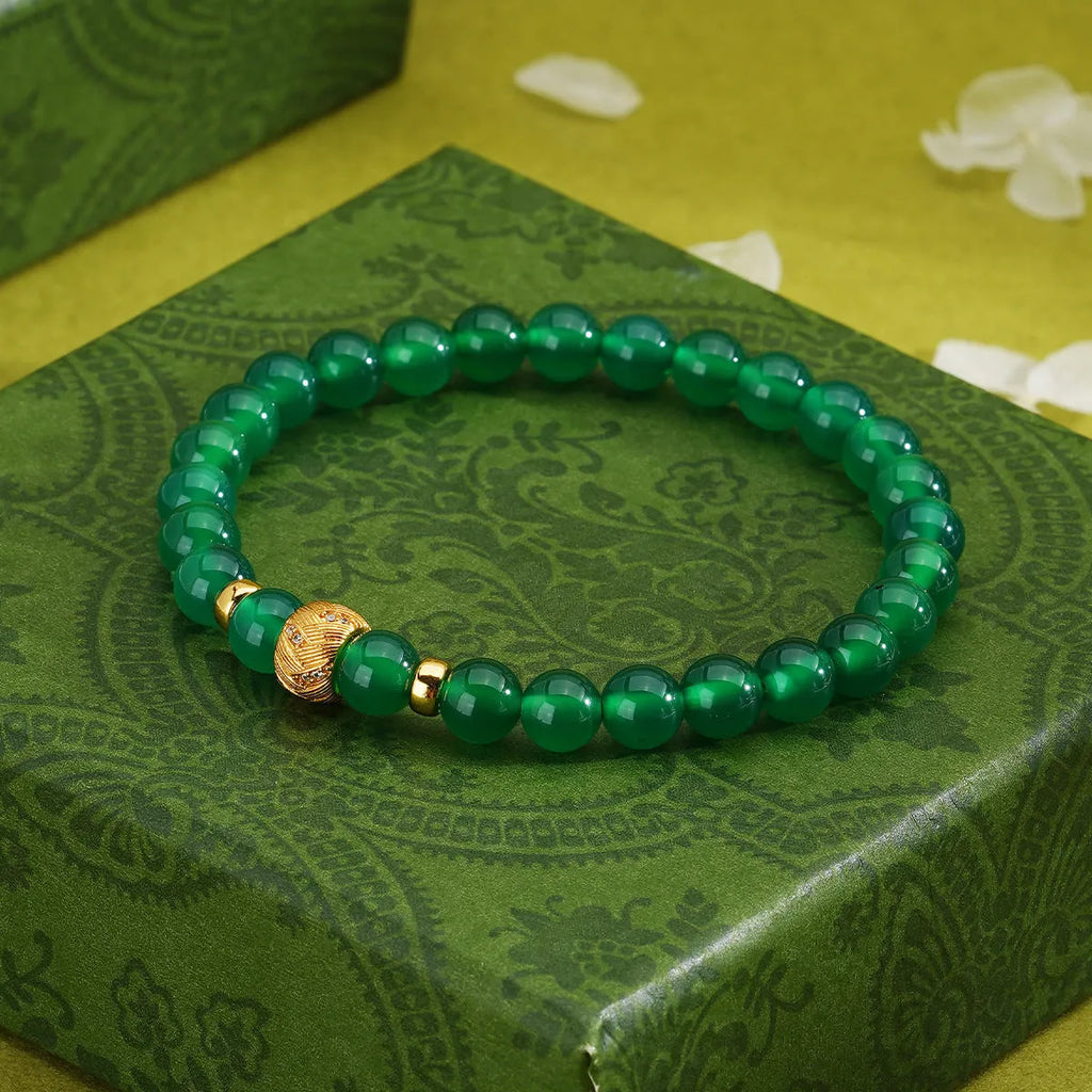 Women's green agate bracelet with geometric beads on S925 sterling silver
