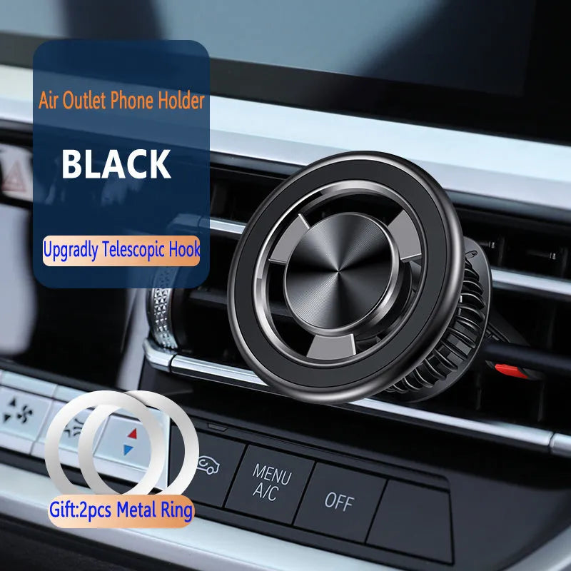 Silver car air vent magnetic phone holder mounted on vehicle ventilation with mobile phone attached