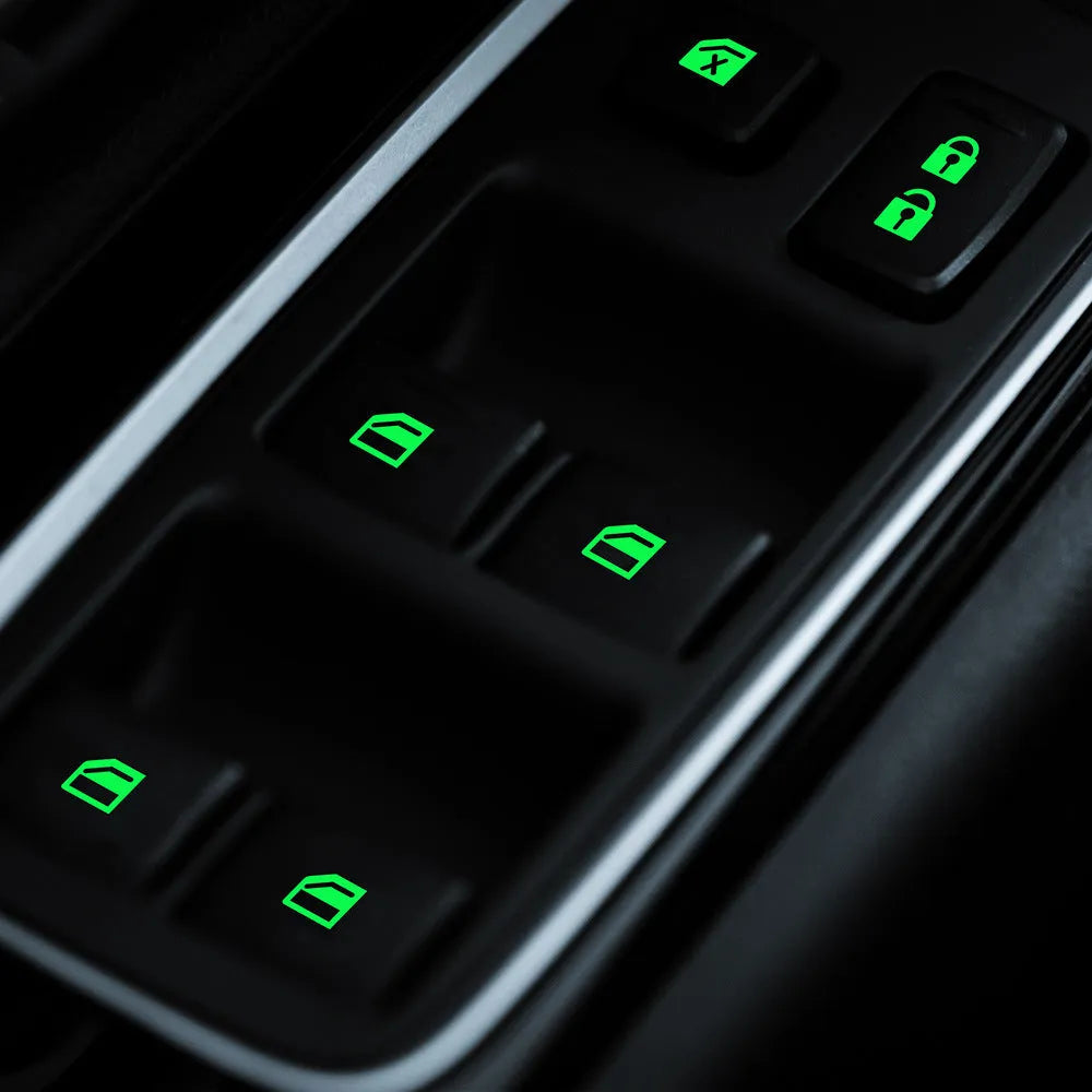 Car window luminous key sticker in PET material with strong adhesion, available in Blue, Green, and Orange for glow-in-dark use on window buttons