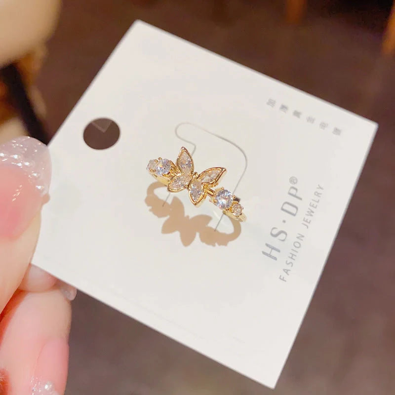 Gold plated diamond inlaid butterfly ring for women, adjustable size, elegant design