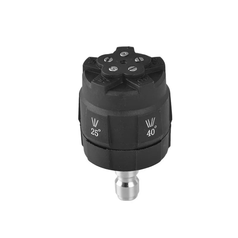 Multi-functional five-in-one spray nozzle for high-pressure water guns, showing selector for five patterns.