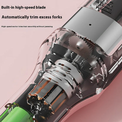 Cordless beige hair ends trimmer with 1/4-inch fixed cut, USB cable, comb and pillows for split end removal