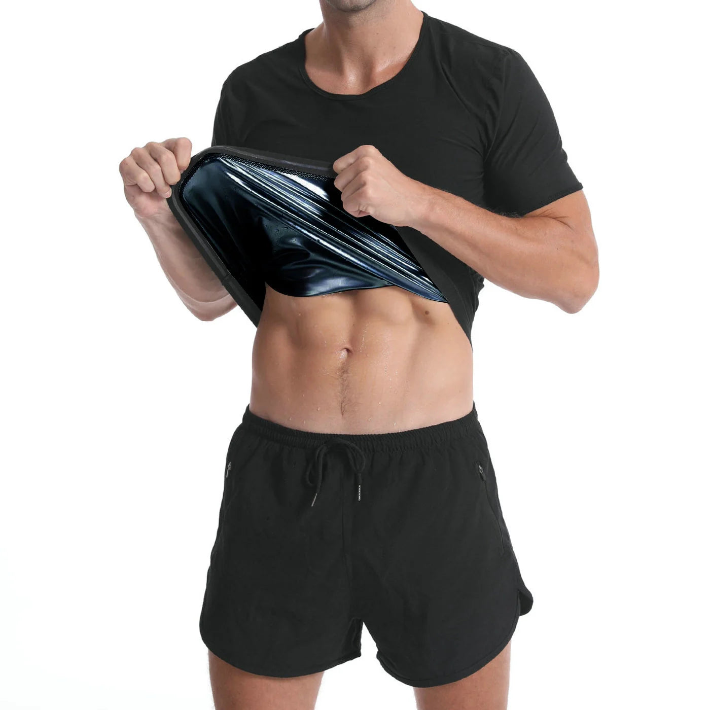 Men's solid black short sleeve sweatshirt made from 100% polyester