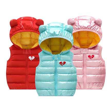 Children's blue hooded down vest, sleeveless with 70cm bust for 100cm height, polyester winter outerwear