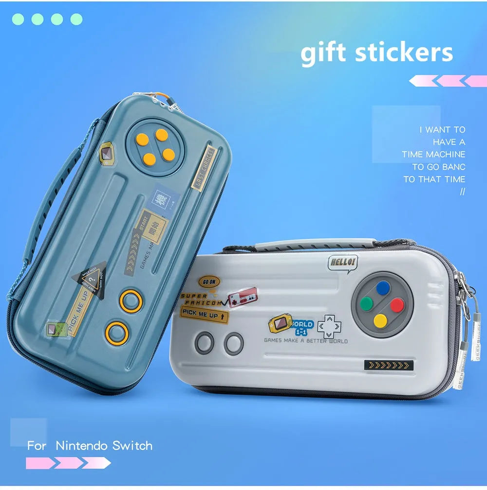 Nintendo Switch OLED storage handbag showing multi-cassette handle and 25.5x12.5x6 cm dimensions