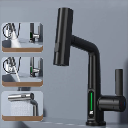 Sleek digital faucet with 360-degree swivel spout and LED temperature display for modern kitchen or bathroom