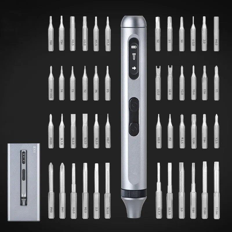 Compact aluminium alloy electric screwdriver showing scale against a ruler, with charging cable.