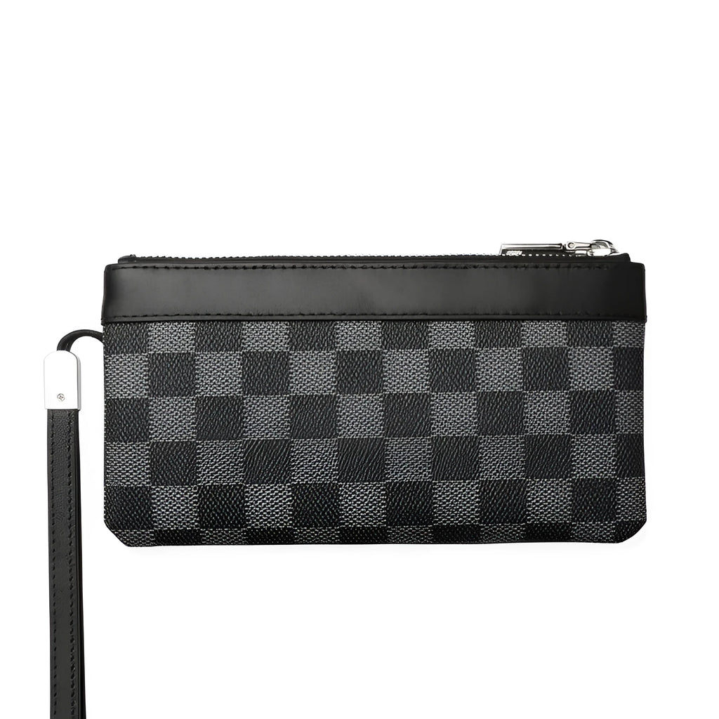 Black men's cowhide leather clutch wallet showing front view and open interior with polyester lining