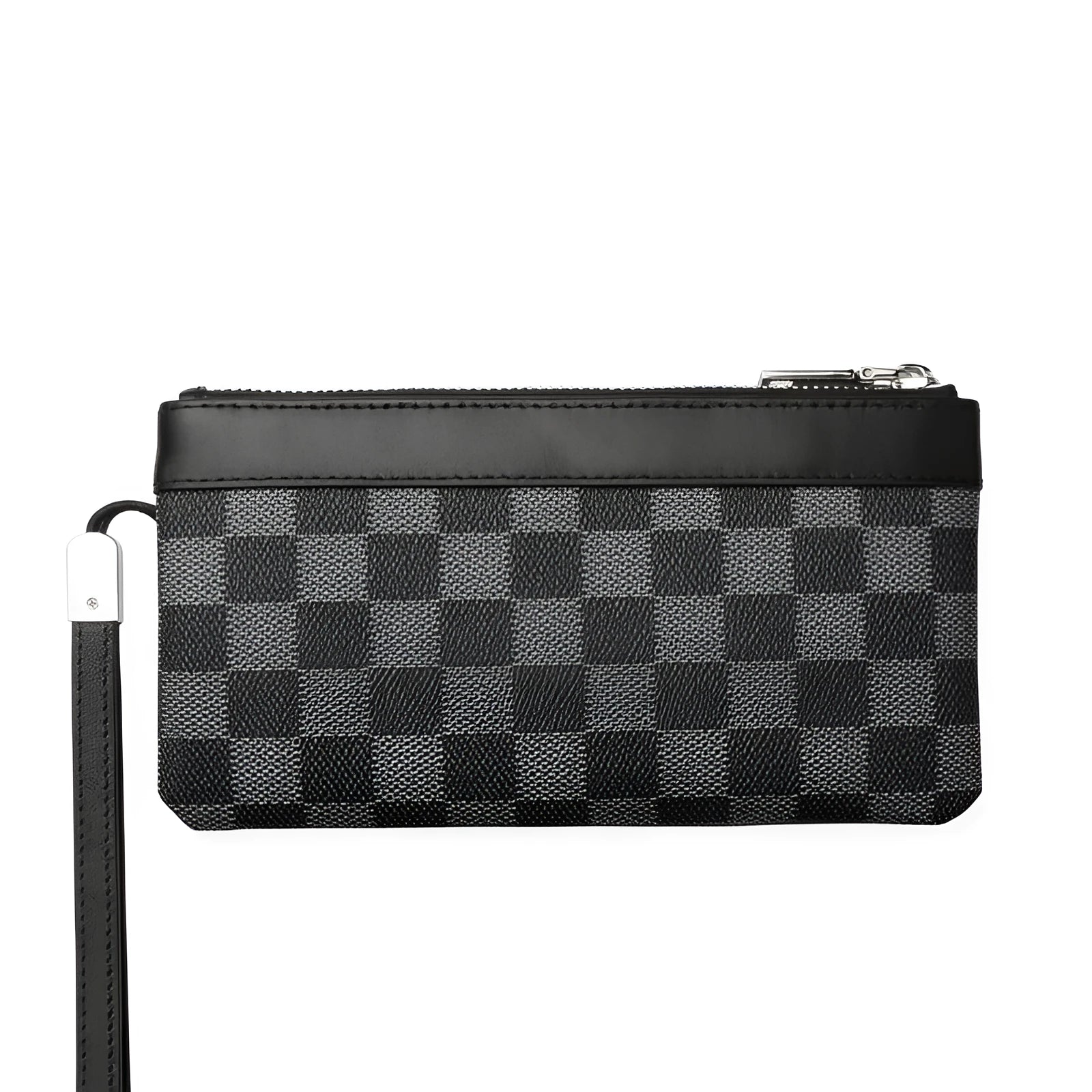 Black men's cowhide leather clutch wallet showing front view and open interior with polyester lining