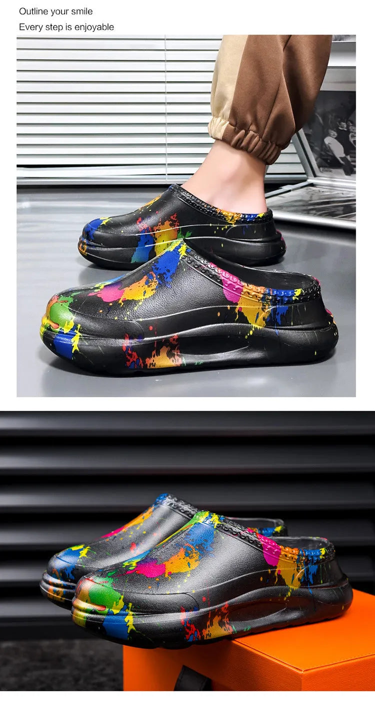Men's black waterproof EVA work slippers with a toe cap and textured anti-slip sole.