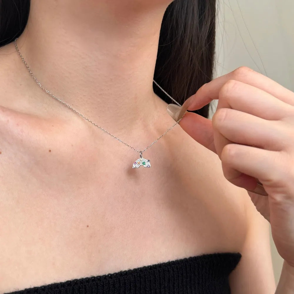 S925 sterling silver necklace with rainbow inlaid U-shaped geometric pendant on clavicle chain in platinum finish