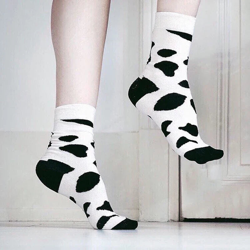 Leopard Dalmatian Black White Cotton Crew Socks with unique print for EU sizes 35-42