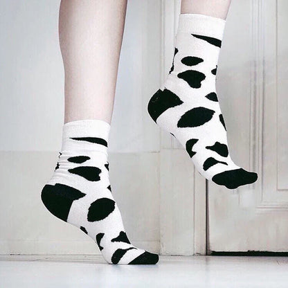 Leopard Dalmatian Black White Cotton Crew Socks with unique print for EU sizes 35-42