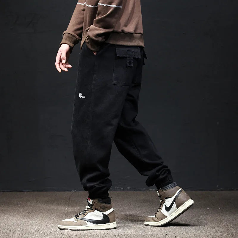 Fallwinter loose harem jeans for men mid-high waist cotton blend stone washed denim