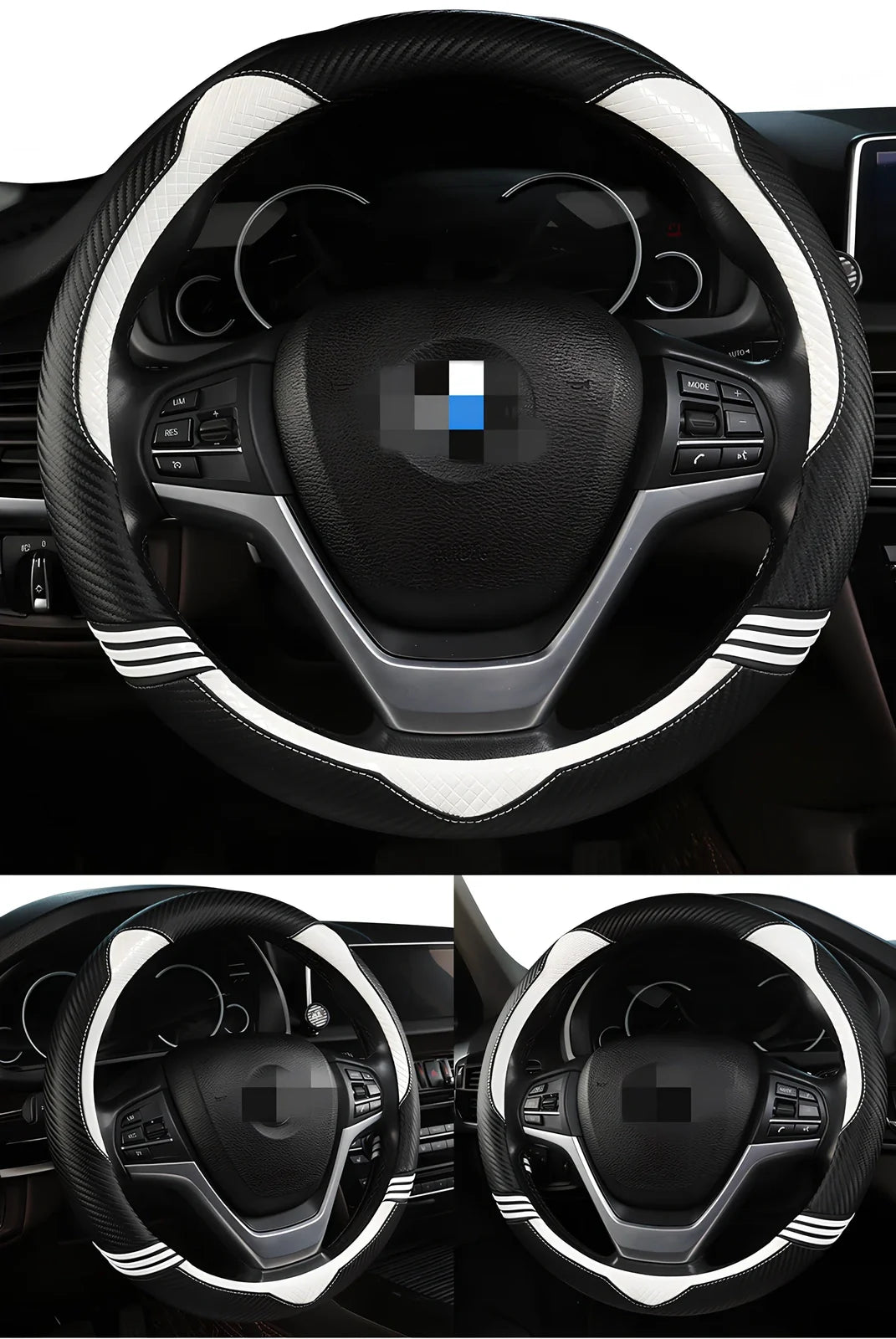 Cute cat steering wheel cover in carbon fibre black with blue accents for 38cm diameter, imitation leather material