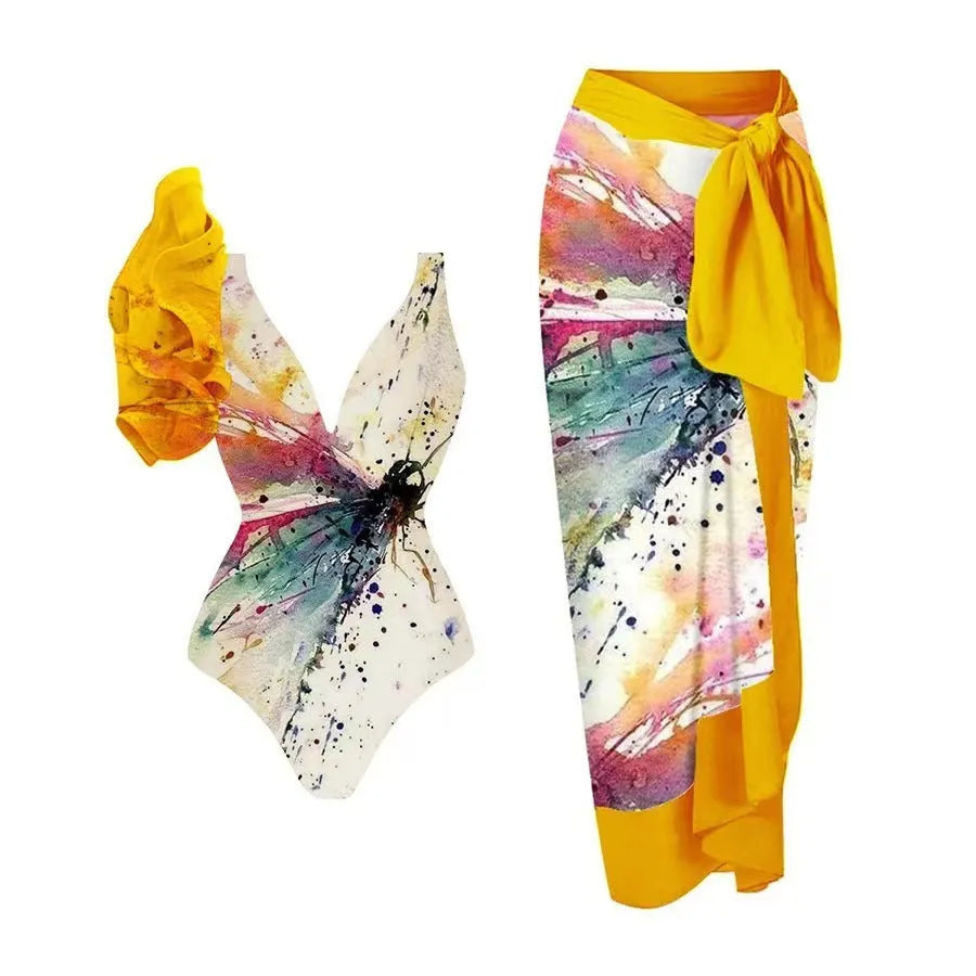 Yellow women's one-piece swimsuit with conservative design and full belly coverage