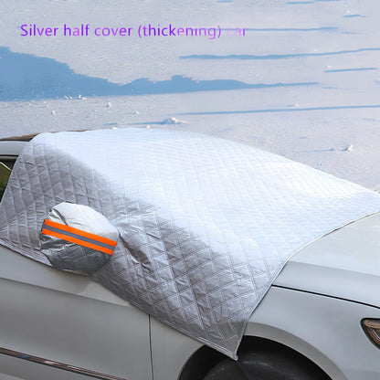 Silver magnetic windshield cover showing aluminium foil coating and edge magnets for vehicle protection
