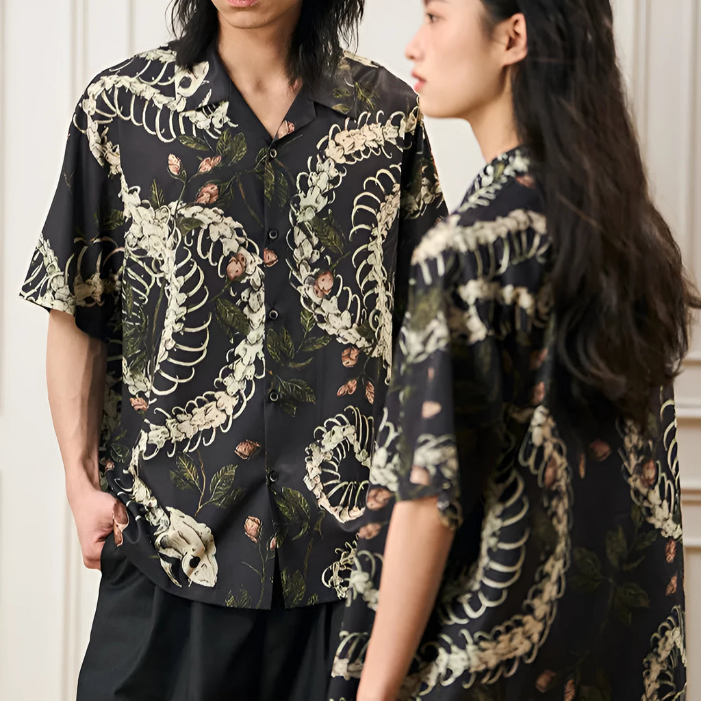 Short sleeve Cuban collar shirt with a snake bone pattern print in a loose fit.
