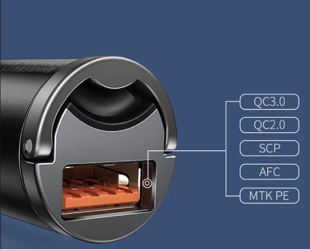 Electro-optical grey 30W PPS fast car charger set with a single USB port and 1m cable.