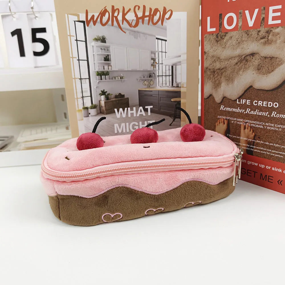 Cherry Cake plush velvet pencil bag in Korean style for pens and stationery