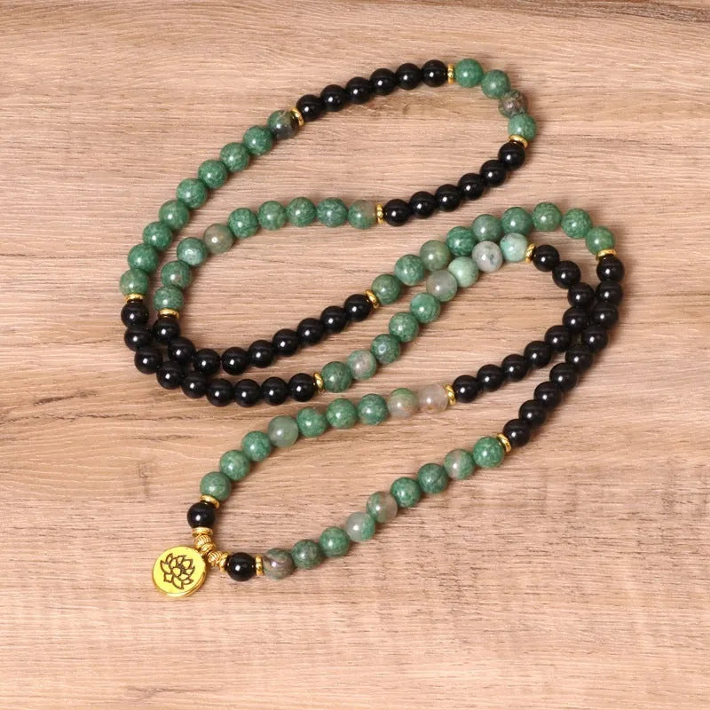Green and black alloy elastic beaded long bracelet with natural style design