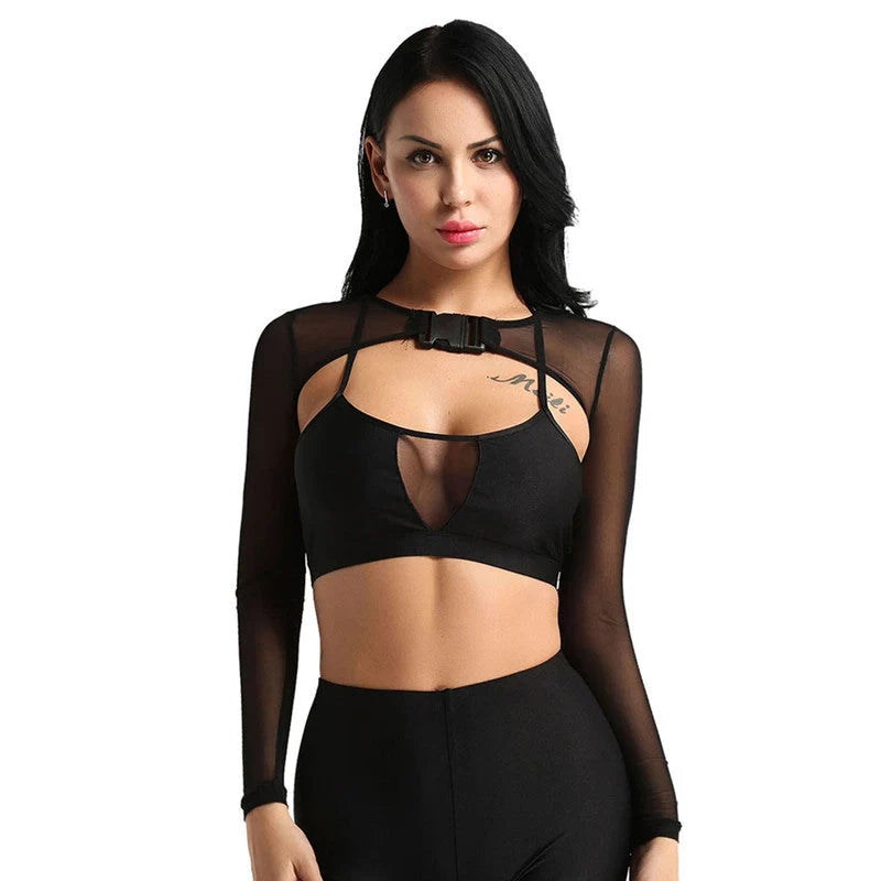 Women's mesh crop top with button front in green and black