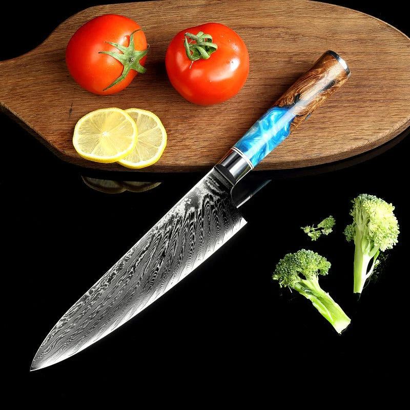 Exquisitely crafted 67-layer Damascus steel chef's knife with elegant brocade pattern and ergonomic resin-wood handle