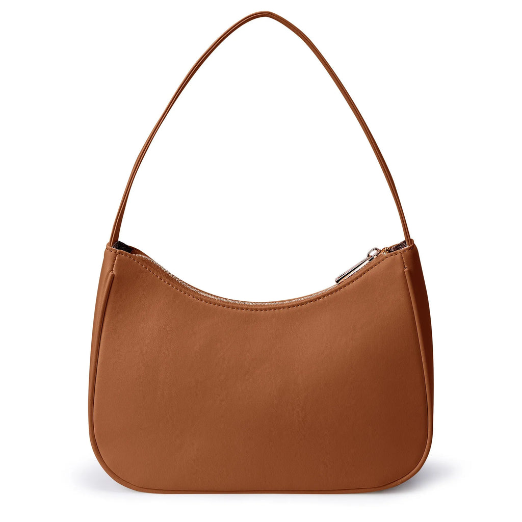 Simple retro waterproof PU shoulder bag shown in apricot colour with shoulder strap