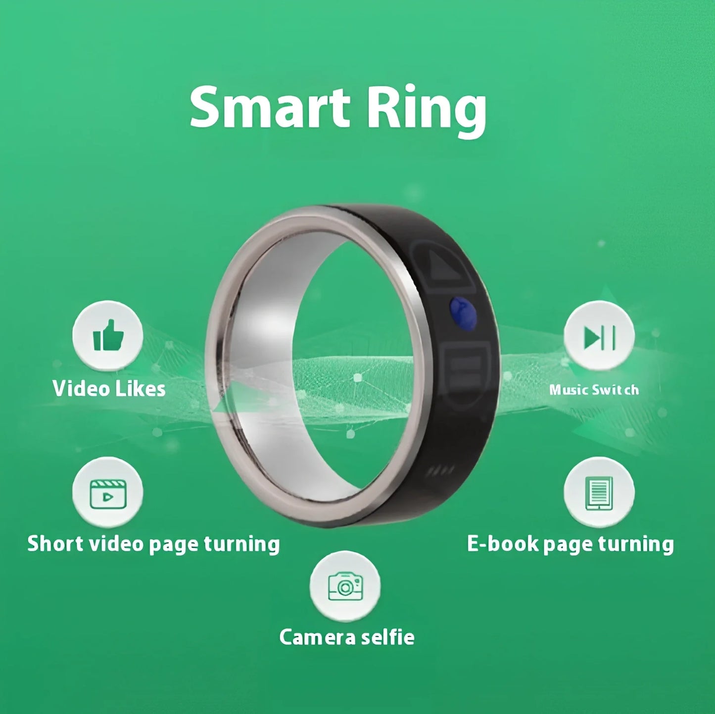 Smart Bluetooth ring wearable device showing seven size options from 52mm to 75mm circumference with NFC function