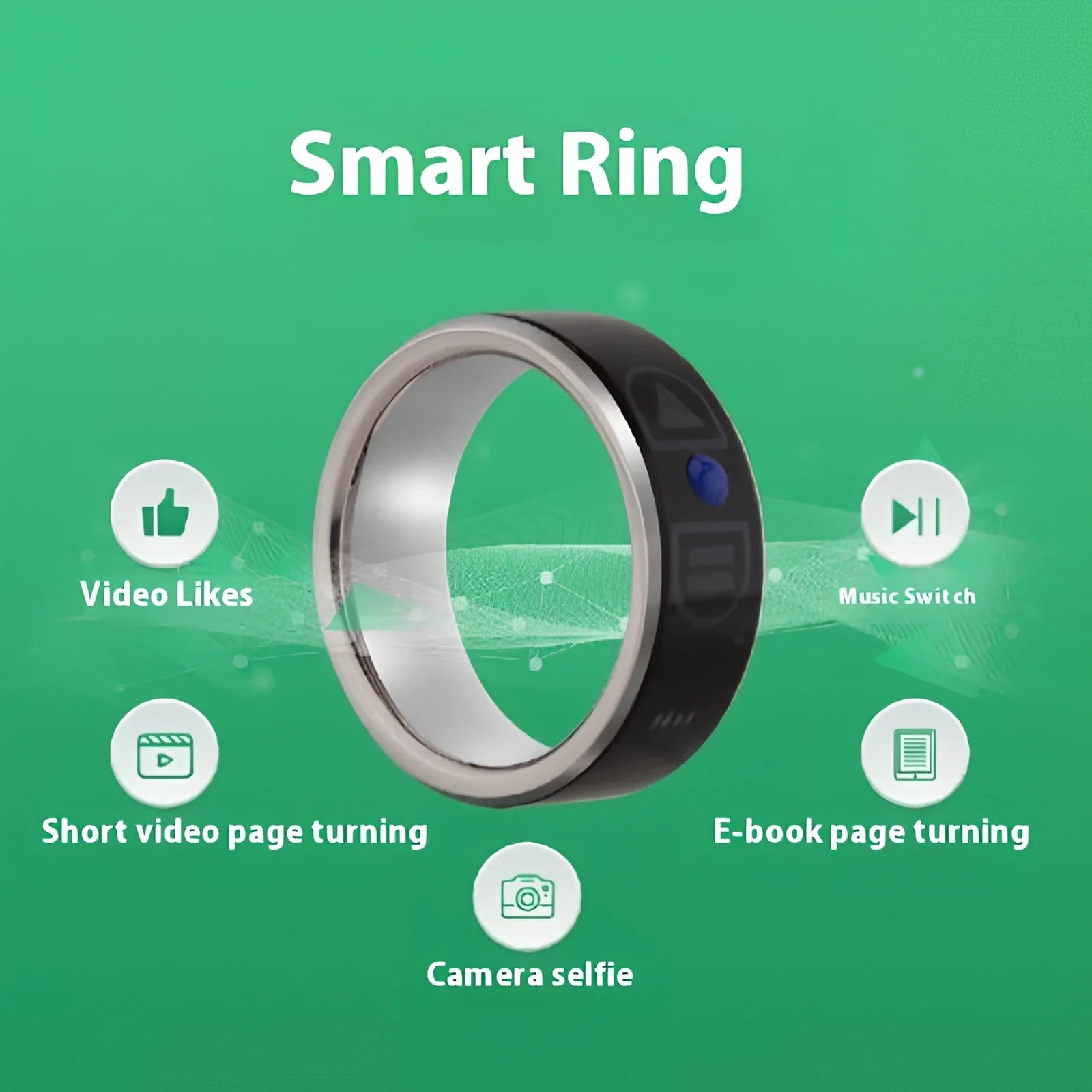 Smart Bluetooth ring wearable device showing seven size options from 52mm to 75mm circumference with NFC function