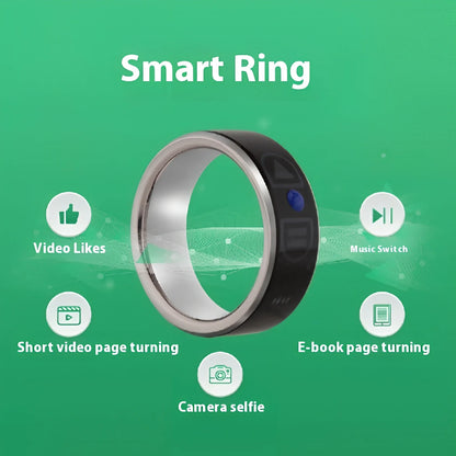 Smart Bluetooth ring wearable device showing seven size options from 52mm to 75mm circumference with NFC function