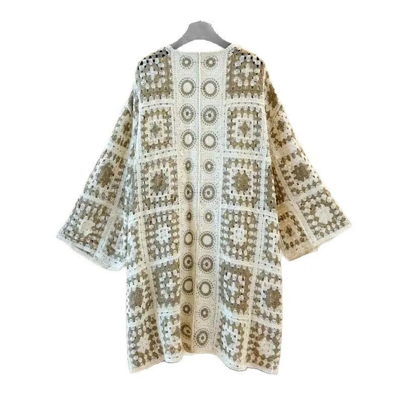Ladies' loose embroidered thin knit cotton cardigan in black, open front, one size