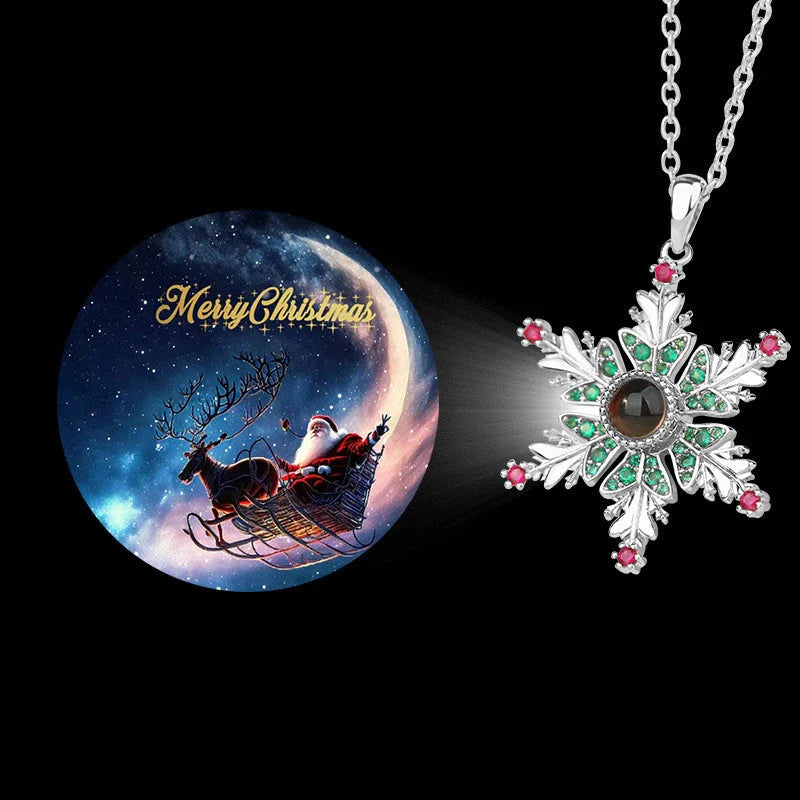 Shimmering snowflake necklace with projection of festive colors or Christmas languages