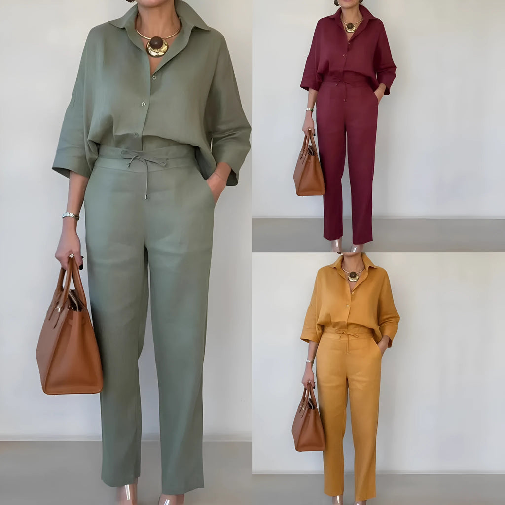Women's solid colour polo collar two-piece shirt and pants set in army green, nine-quarter sleeves, stitching detail