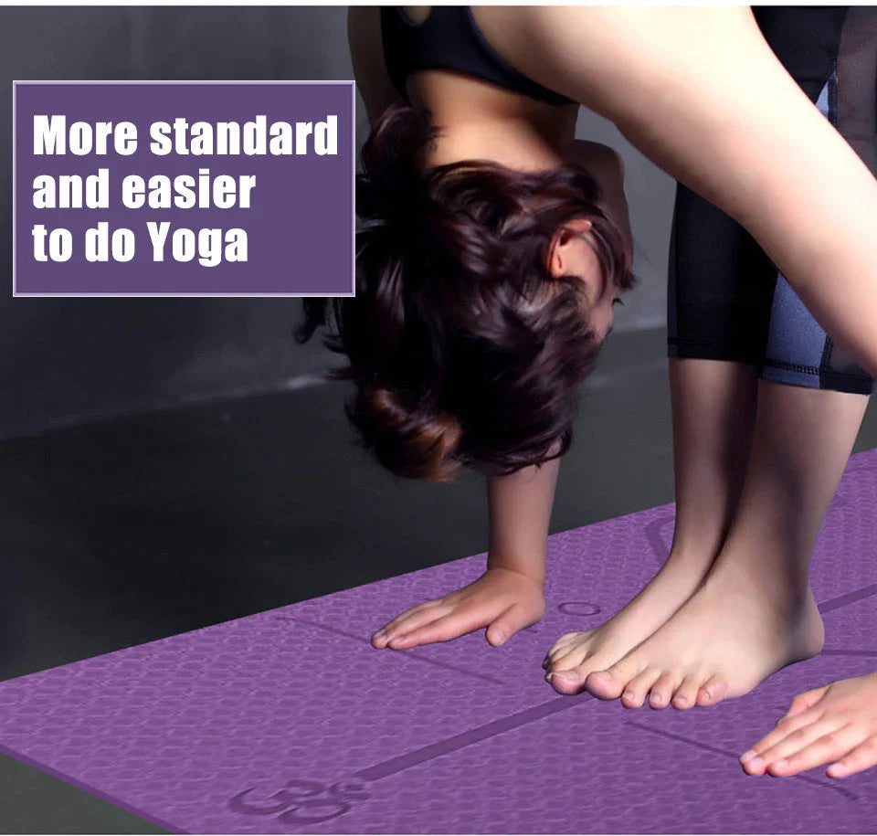 Non-slip TPE yoga mat with position lines for beginners, eco-friendly and durable