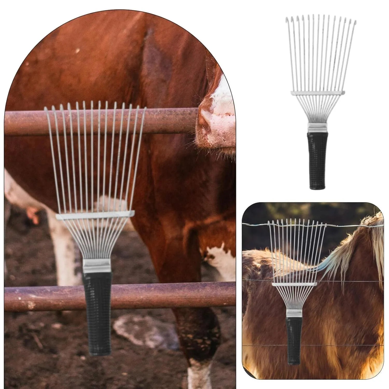 Black stainless steel pet grooming rake comb for dog undercoat and horse hair removal.