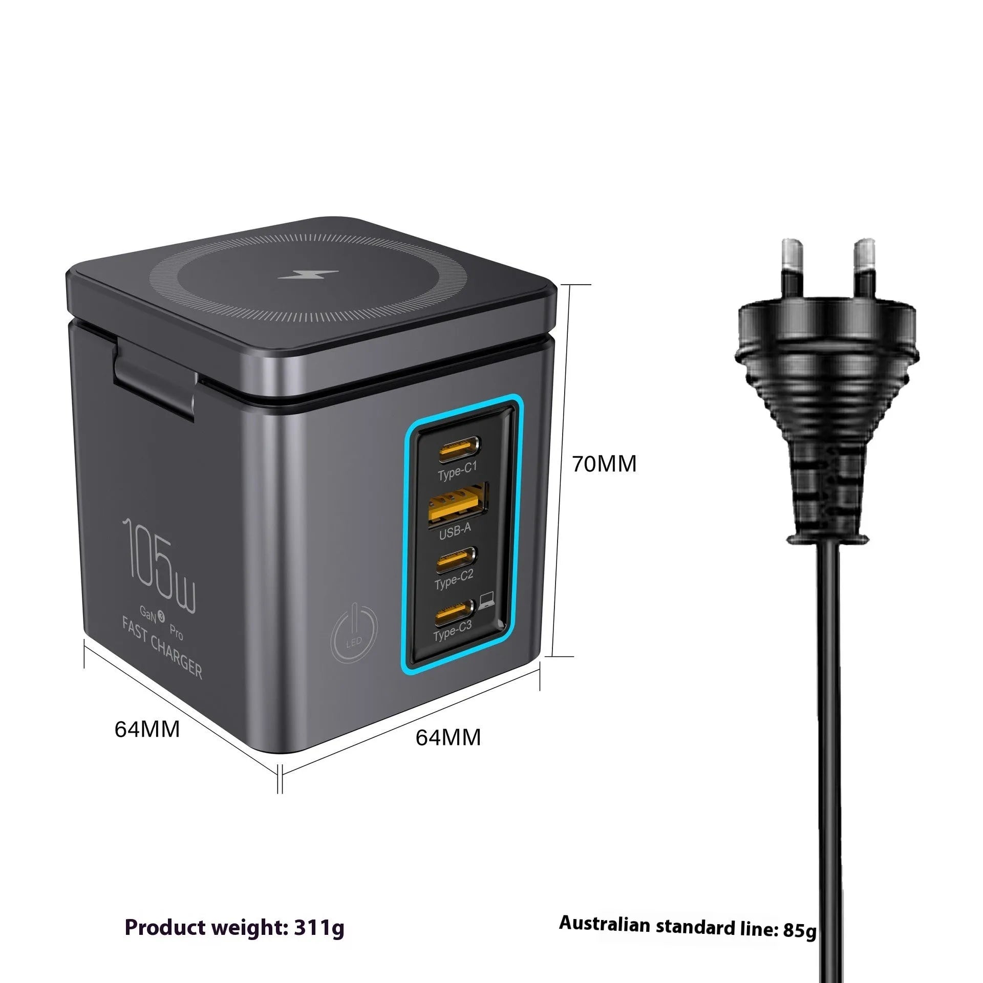 105W Multifunctional Magnetic Wireless Gallium Nitride Charger in black plastic with UK plug