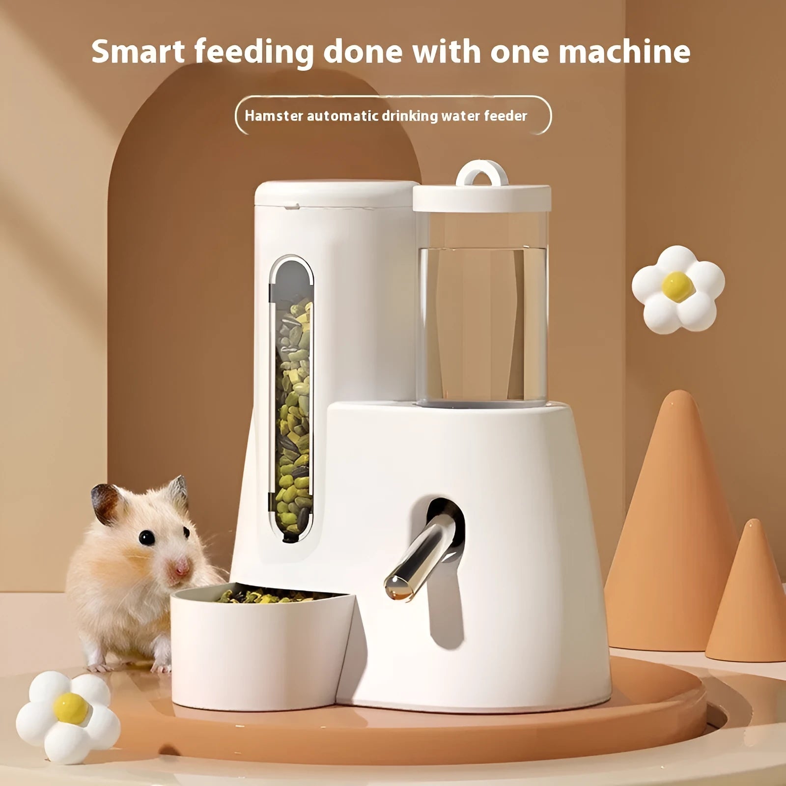 White automatic drinking water feeder and food bowl for a Djungarian hamster in a cage.