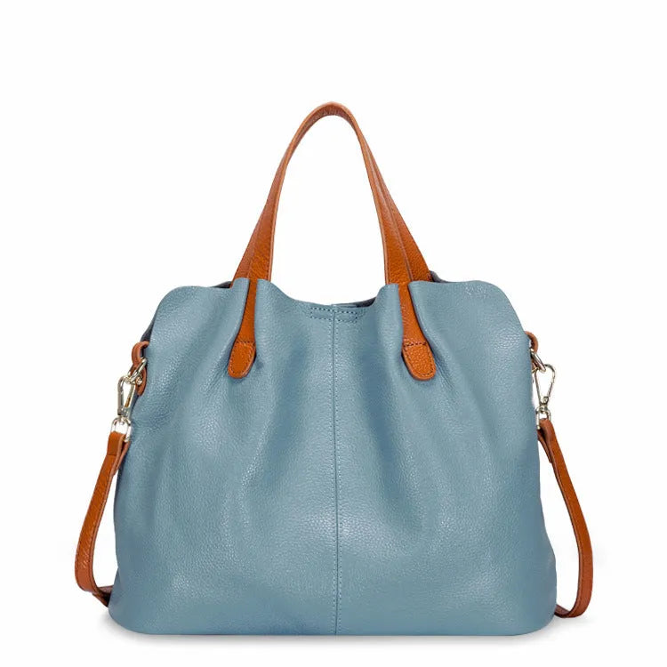 Genuine cowhide leather vertical square tote bag for women, 33cm length, available in five colours including Flax Blue and black