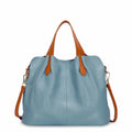 Genuine cowhide leather vertical square tote bag for women, 33cm length, available in five colours including Flax Blue and black