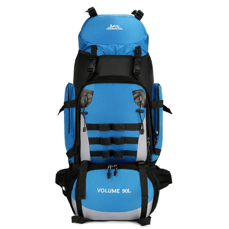 90L large capacity waterproof outdoor travel backpack for men in black, blue, and camouflage