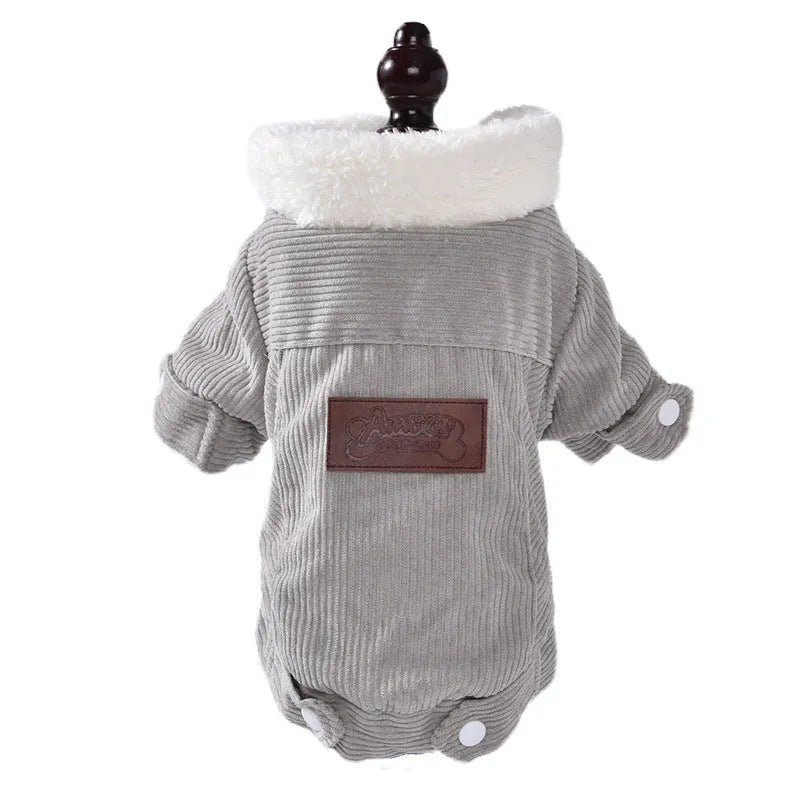 Grey lambswool-lined dog fleece vest for winter warmth shown on a medium-sized dog