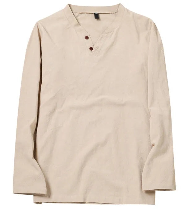 Cotton blend men's long sleeve V-neck casual beach shirt in blue with British style